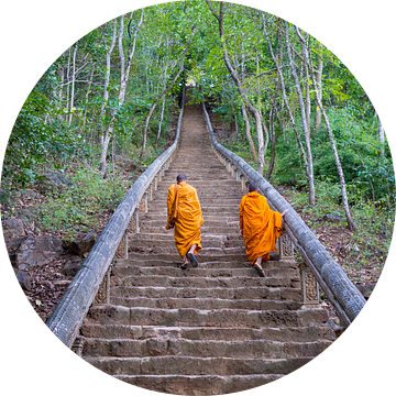 Boeddhistische monniken beklimmen en trap in Battambang, Cambodja van Teun Janssen