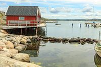Red summer cottages on rocky archipelago in Sweden.