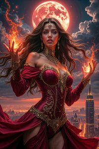 Fantasy Gothic Wall Art: PYRAVIA – The Priestess of Fire under the Blood Moon before the City