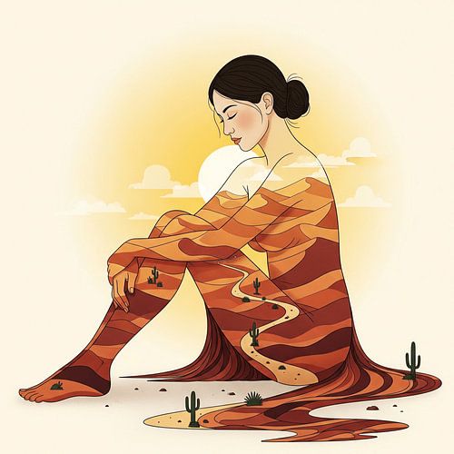 Frau umarmt Wüstenlandschaft und inneren Frieden