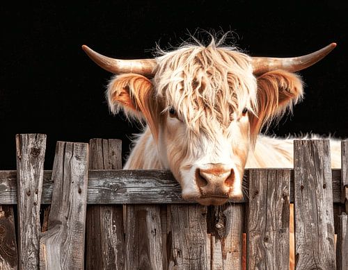 Een koe leunt over een hek