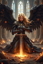 ARVYEL - The beautiful angel kneeling with his sword in a ruined cathedral by INFERAURUM