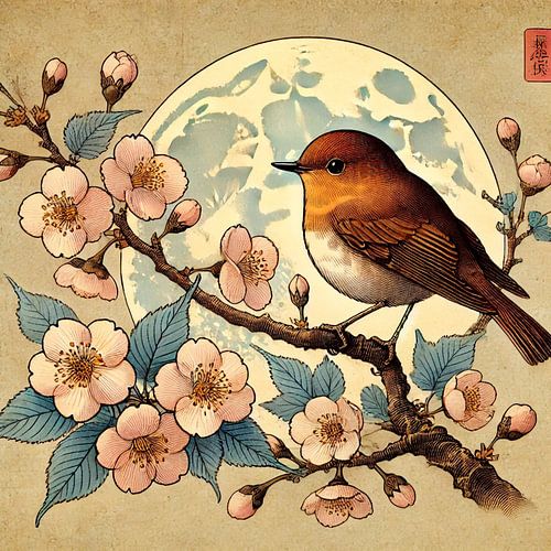 Stil Goud – japandi wanddecoratie met vogel en bloemen