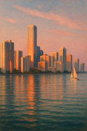 Skyline von Miami in der Abenddämmerung: Goldene Reflektionen auf dem Wasser von Travel Shop