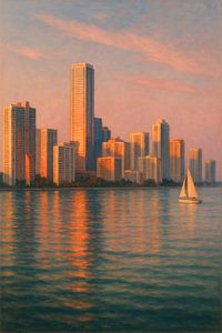 Skyline von Miami in der Abenddämmerung: Goldene Reflektionen auf dem Wasser