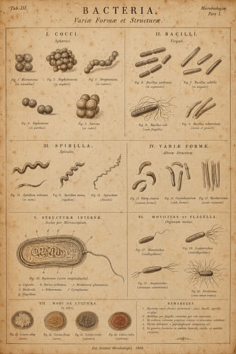 Vintage morfologiekaart van bacteriën - Antieke wanddecoratie over microbiologie - Wetenschappelijke decoratie in Dark Academia-stijl