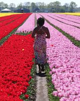 Une femme dans un champ de tulipes