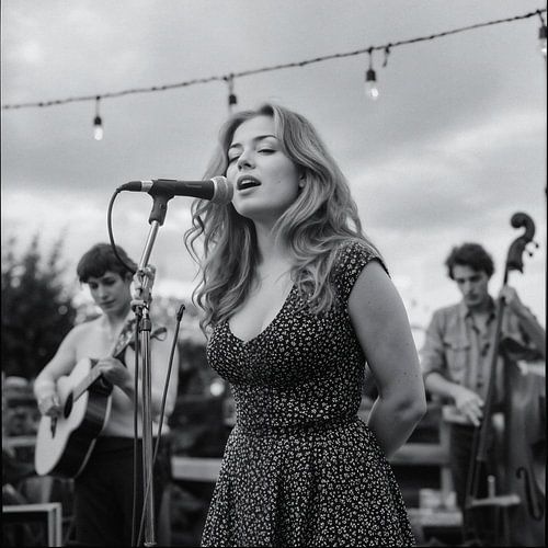 blonde jonge vrouw achter microfoon