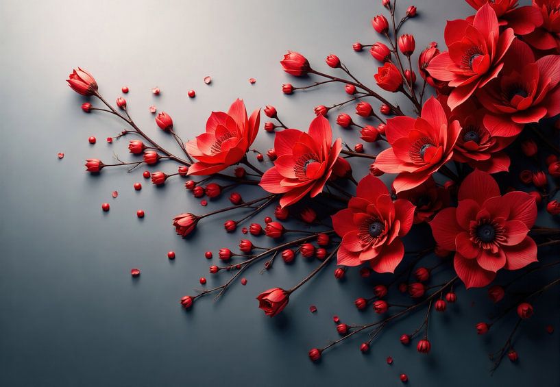 Arrangement aus roten Papierblumen und Beeren auf grauem Hintergrund von Markus Gann