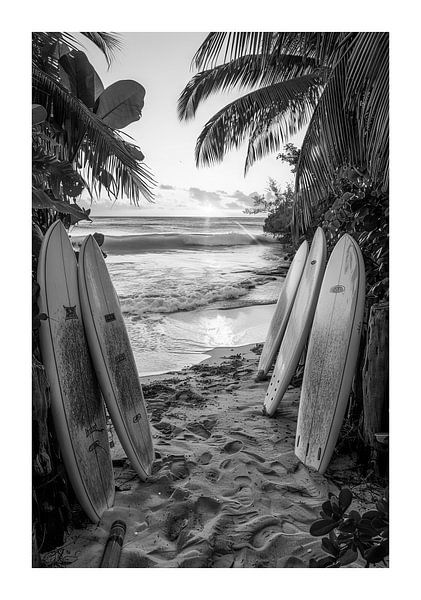 Surfboards on a tropical beach at dawn by Poster Art Shop