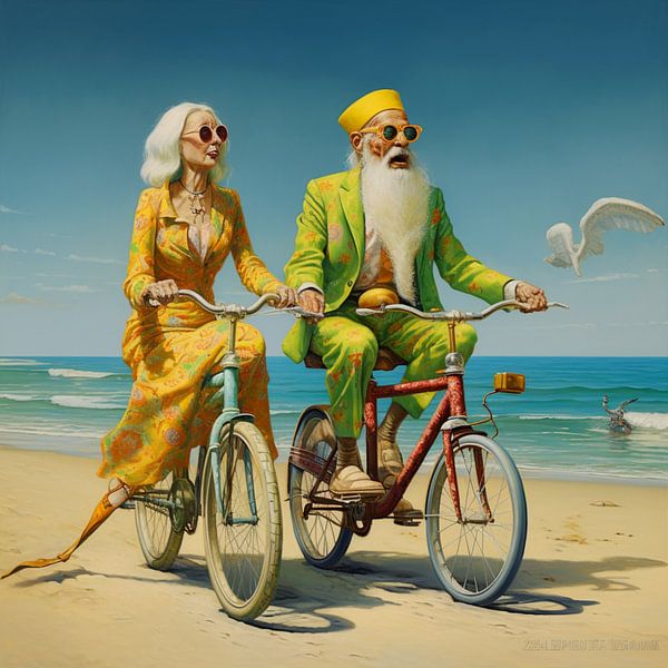 Surreal bejaard echtpaar fietsen kleurrijke kleding zee strand horizon van gm_designs