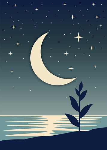 Minimalistische vectorillustratie van een halve maan en een sterrenhemel die weerspiegelen in rustig water.