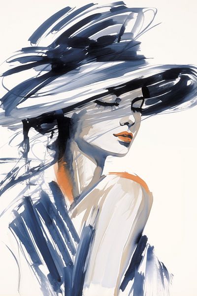 Elegant Lady with Big Hat in Shades of Blue by Color Square