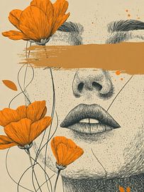 Minimalistisches Porträt mit orangefarbenen Blumen – Skandinavische Designkunst von SPEQ ART