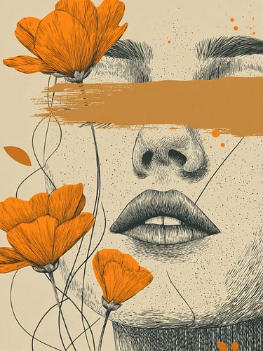 Minimalist Portrait with Orange Flowers – Scandinavian Design Art