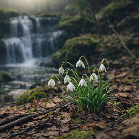 Schneeglöckchen - Frühlingserwachen an einem Wasserfall im Wald von Christina Bauer Photos