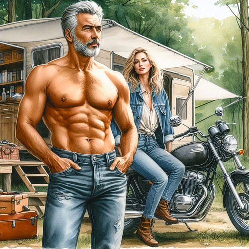 stel kampeert in het bos met motor