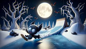 Fledermaus-Skateboarder in nächtlicher Winterlandschaft