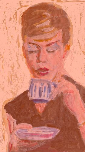 A woman is drinking a cup of coffee by Paintings Liesbeth Serlie