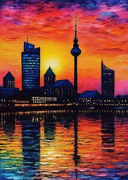 Skyline van Düsseldorf bij zonsondergang van MIROKKU