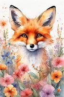 Vos tussen bloemen aquarel schilderij