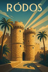 Ródos Art Deco Poster – Medieval Gates and Palm Trees