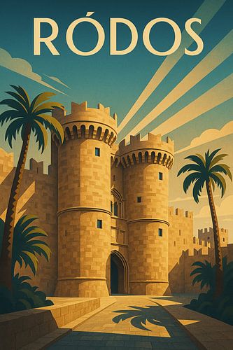 Ródos Art Deco Poster - Middeleeuwse poorten en palmbomen