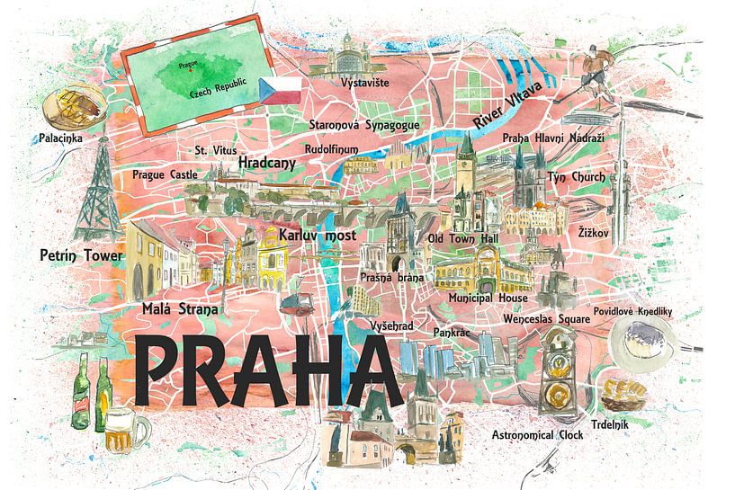 Prague Czech Republic Illustrated Map with Landmarks and Highlights by Markus Bleichner