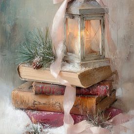 Winter Still Life - Lantern with Books and Soft Snow by Joriali Fine Art