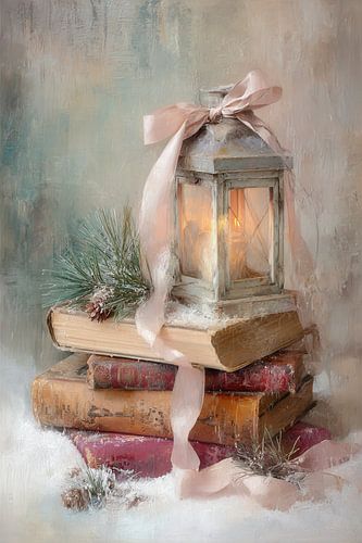 Winter Stilleven - Lantaarn met Boeken en Zachte Sneeuw van Joriali Fine Art