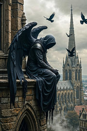 Dark Fantasy Art Wandbild: VESPERAEL - Ein gefallener Engel sitzt auf einem Gebäude von INFERAURUM - Dark Fantasy Wall Art