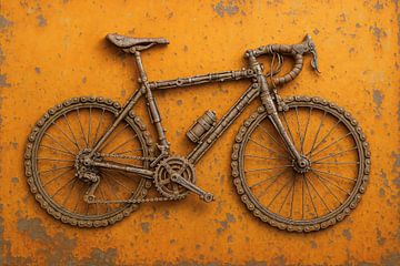 Industriële racefiets van roest en staal (AI) (metaal, schroot, recycled, onderdelen, mannelijk, mancave, stoer, oude fiets, oranje, hup holland hup) van Natalie Bruns