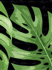 Monstera auf Schwarz mit Text Triptychon 2 v. 3 von AidasignArt