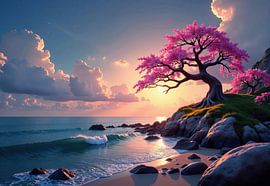 Rosa blühender Baum an Küstenklippe bei Sonnenuntergang von Markus Gann