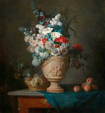 Boeket bloemen in een Terracotta vaas met perziken en druiven, Anne Vallayer-Coster