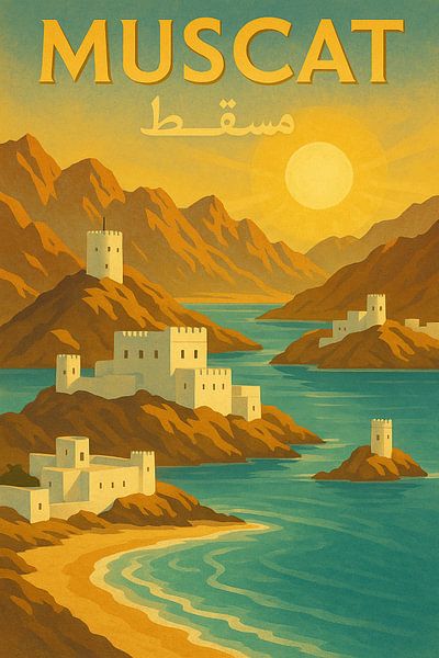 Muscat Vintage Travel Poster - Küstenfestungen &amp; Hafenlandschaft von Travel Shop