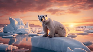 Eisbär auf einer Eisscholle am Nordpol mit Nebel auf dem kristallklaren Wasser und Eisbergen im Hintergrund des Sonnenuntergangs