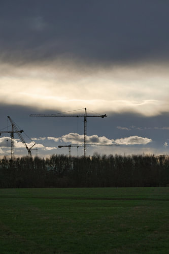 Baukräne ragen während eines dramatischen Sonnenuntergangs über einer bewaldeten Landschaft auf.