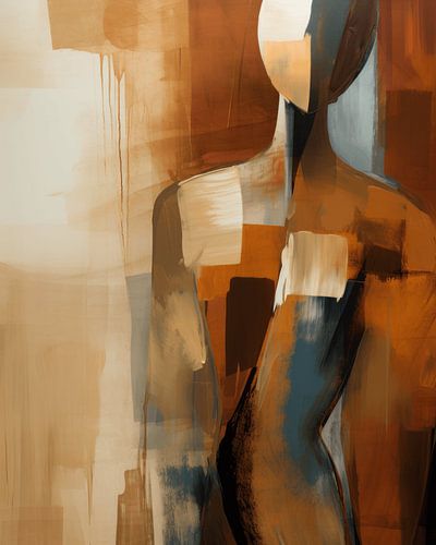 Modern abstract portret in aardetinten met een blauw accent
