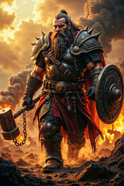 Dark Fantasy Gothic Wall Art: SKJALDREK - A Viking Walks Through the Burning Battlefield by INFERAURUM - Dark Fantasy Wall Art