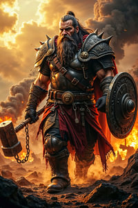 Dark Fantasy Gothic Wall Art: SKJALDREK - A Viking Walks Through the Burning Battlefield