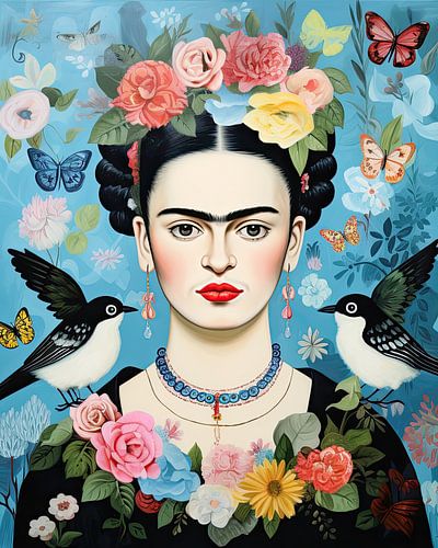 Kahlo portret met vogels en bloemen