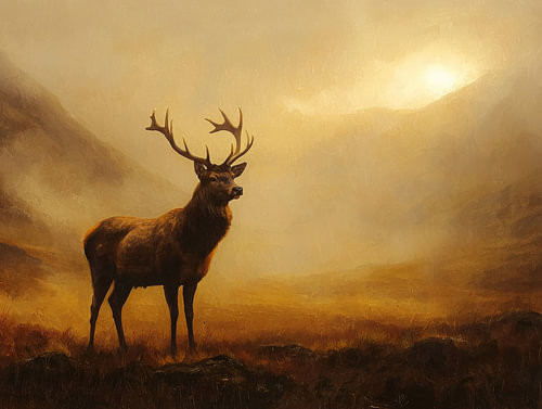 Hirsch im goldenen Nebel – majestätische Berglandschaft