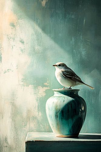 Vogel op vaas in zacht licht