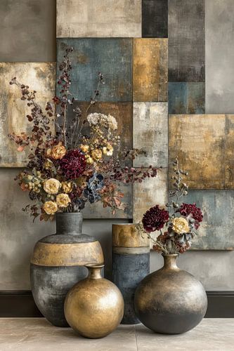 Modern Donker Stilleven met Keramiek - Luxe Wanddecoratie
