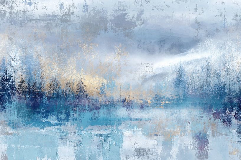 Winter Lake - Blue Gold Abstract Painting by BowiScapes - Fine Art Landscapes