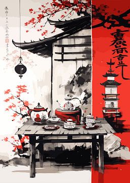 Abstracte Japanse Ukiyo-schilderij van Qreative