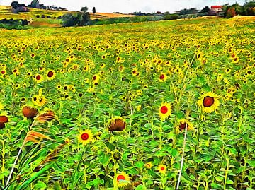Een heuvel met zonnebloemen van Dorothy Berry-Lound