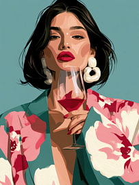 Modernes, minimalistische Porträt einer Frau mit einem rosa Blumenkleid und einem Glas Wein