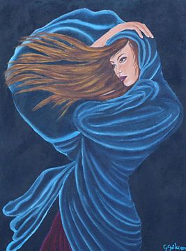 vrouw met blauwe cape van Gulserin Gokcan